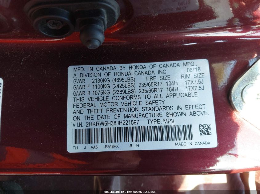 2018 Honda Cr-V Lx VIN: 2HKRW6H38JH221597 Lot: 43940812