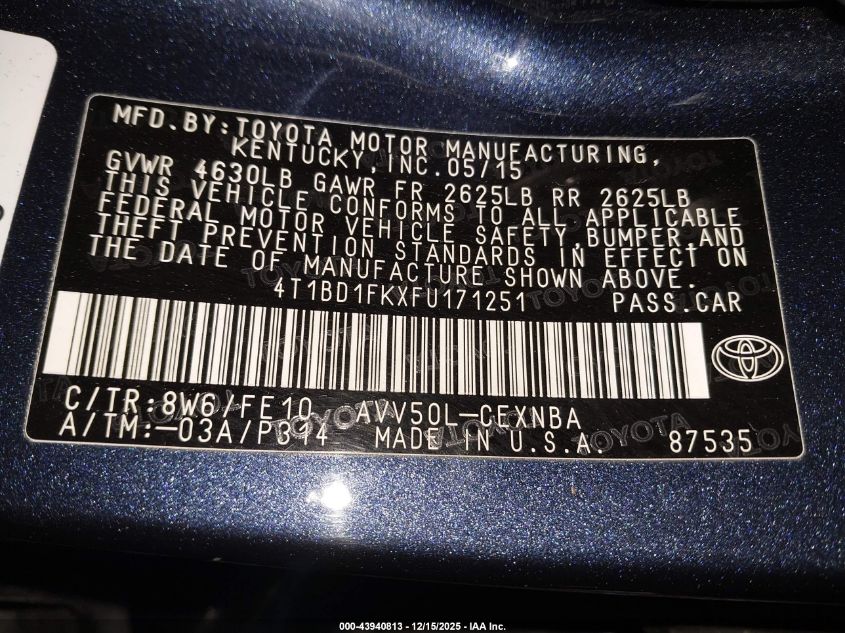 2015 Toyota Camry Hybrid Le VIN: 4T1BD1FKXFU171251 Lot: 43940813