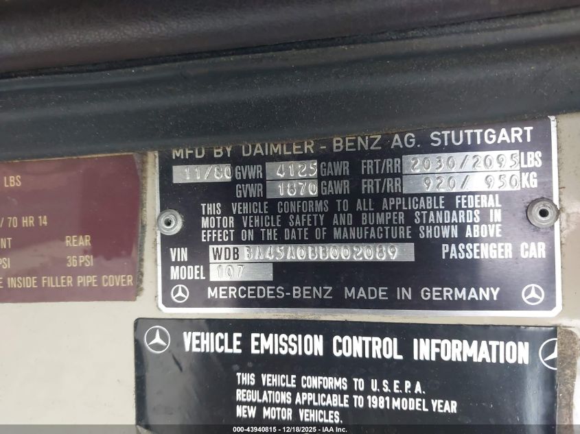 1981 Mercedes-Benz 380 Sl VIN: WDBBA45A0BB002089 Lot: 43940815