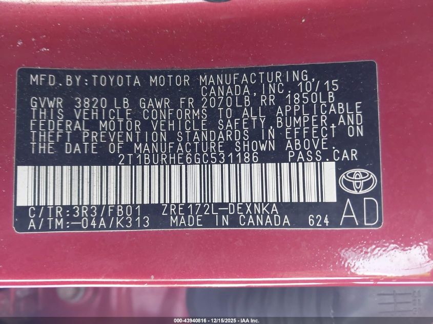 2016 Toyota Corolla Le VIN: 2T1BURHE6GC531186 Lot: 43940816