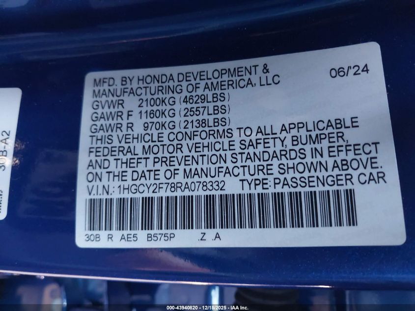 2024 Honda Accord Hybrid Sport-L VIN: 1HGCY2F78RA078332 Lot: 43940820