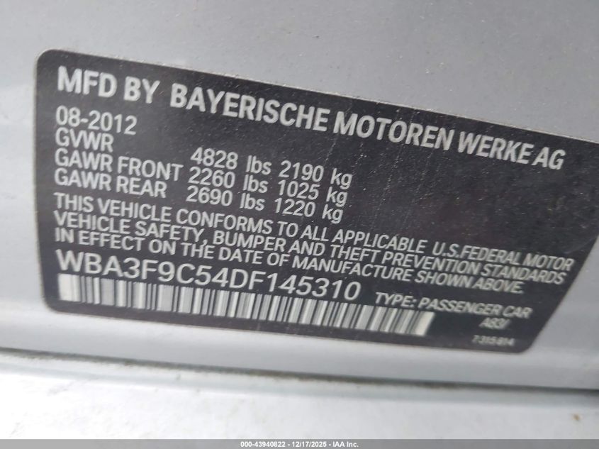 2013 BMW Activehybrid 3 VIN: WBA3F9C54DF145310 Lot: 43940822