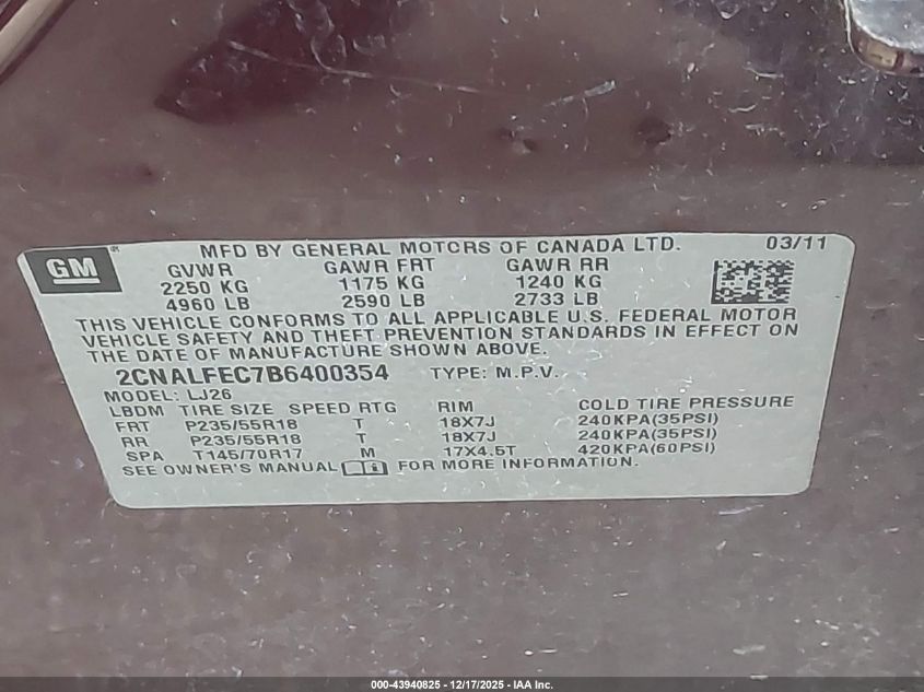 2011 Chevrolet Equinox Ltz VIN: 2CNALFEC7B6400354 Lot: 43940825