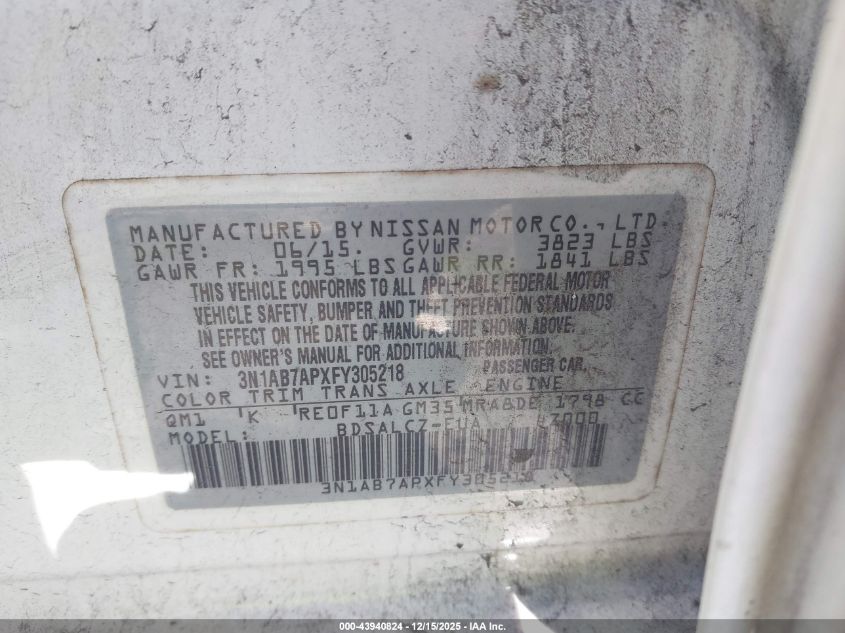 2015 Nissan Sentra S VIN: 3N1AB7APXFY305218 Lot: 43940824