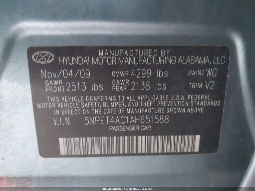 2010 Hyundai Sonata Gls VIN: 5NPET4AC1AH651588 Lot: 43940826