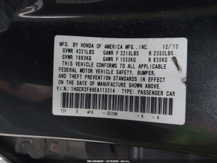 2014 Honda Accord Ex-L VIN: 1HGCR2F86EA113014 Lot: 43940828