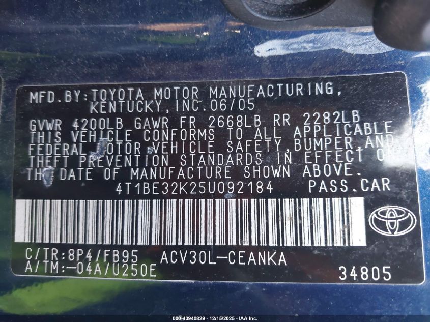 2005 Toyota Camry Le VIN: 4T1BE32K25U092184 Lot: 43940829