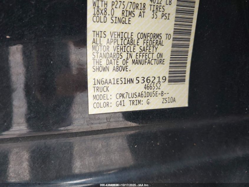 2017 Nissan Titan Pro-4X VIN: 1N6AA1E51HN536219 Lot: 43940836