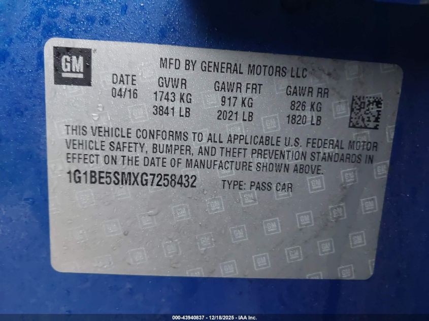 2016 Chevrolet Cruze Lt Auto VIN: 1G1BE5SMXG7258432 Lot: 43940837