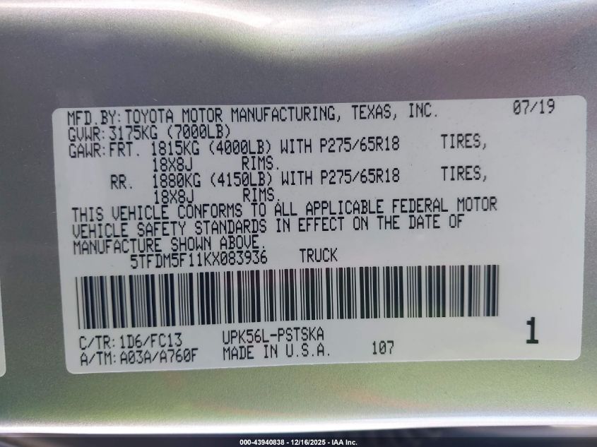 2019 Toyota Tundra Sr5 4.6L V8 VIN: 5TFDM5F11KX083936 Lot: 43940838