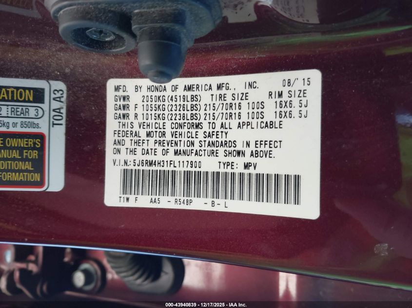 2015 Honda Cr-V Lx VIN: 5J6RM4H31FL117900 Lot: 43940839