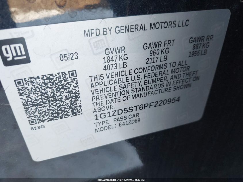 2023 Chevrolet Malibu Fwd 1Lt VIN: 1G1ZD5ST6PF220954 Lot: 43940840