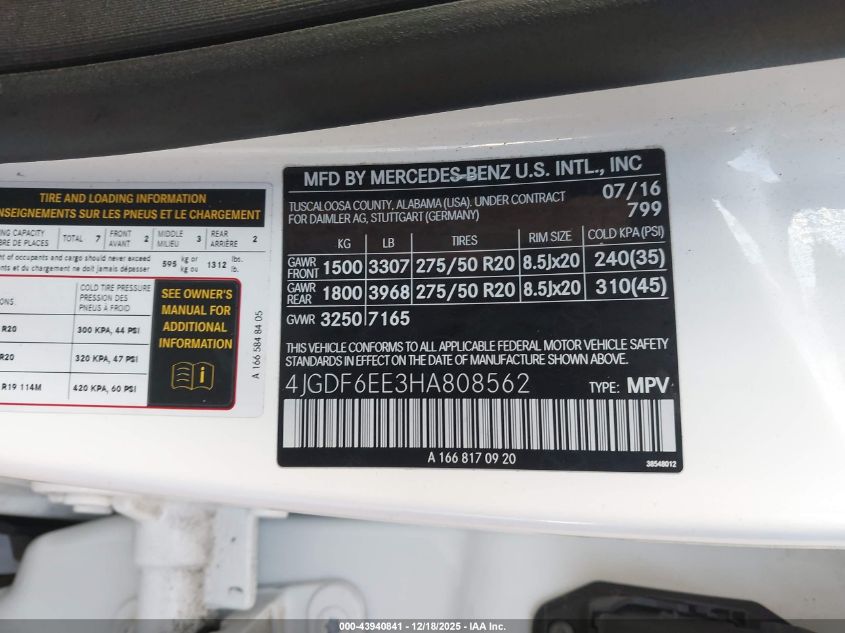2017 Mercedes-Benz Gls 450 4Matic VIN: 4JGDF6EE3HA808562 Lot: 43940841