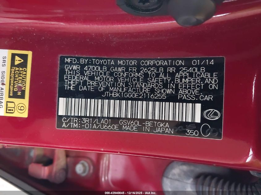 2014 Lexus Es 350 VIN: JTHBK1GG0E2116255 Lot: 43940845