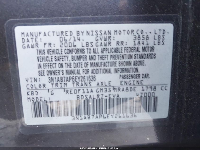 2014 Nissan Sentra Sr VIN: 3N1AB7AP6EY261636 Lot: 43940849