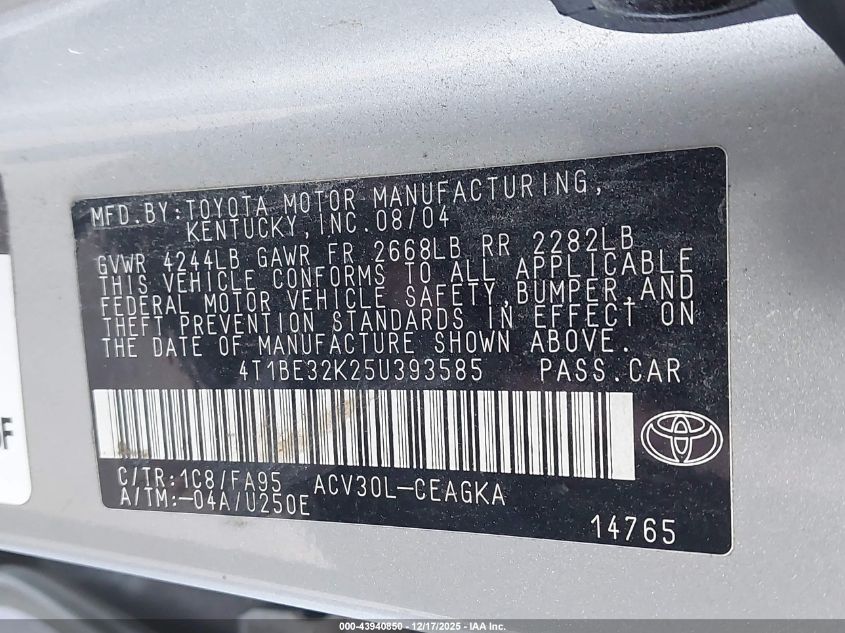 2005 Toyota Camry Xle VIN: 4T1BE32K25U393585 Lot: 43940850