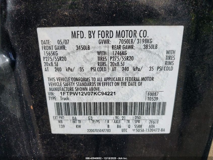 2007 Ford F-150 Lariat/Xlt VIN: 1FTPW12V07KC94221 Lot: 43940852
