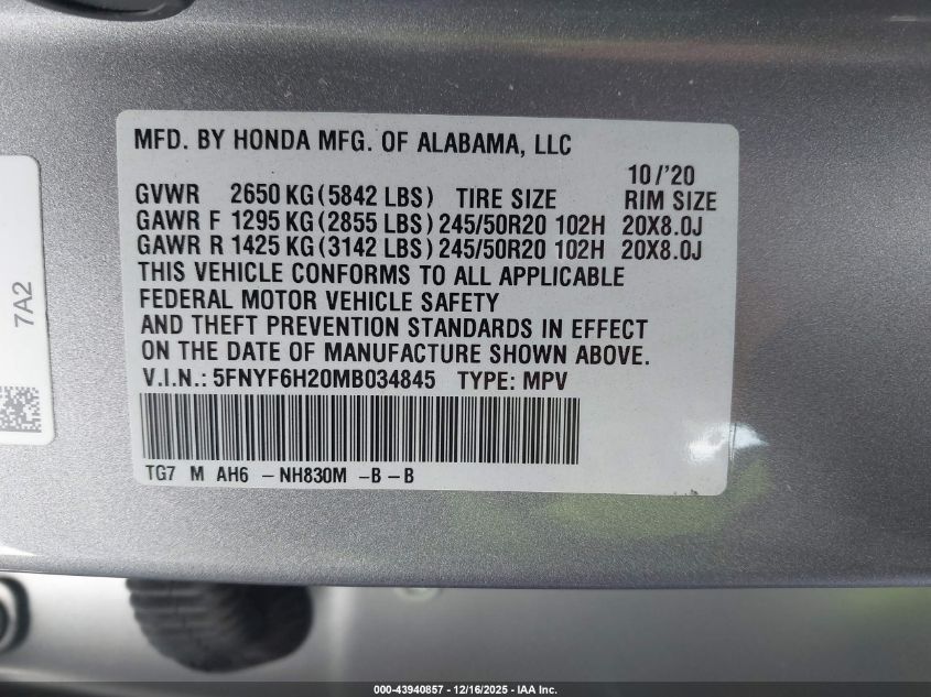 2021 Honda Pilot Awd Special Edition VIN: 5FNYF6H20MB034845 Lot: 43940857