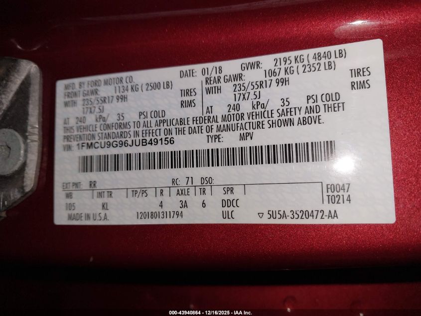 2018 Ford Escape Se VIN: 1FMCU9G96JUB49156 Lot: 43940864