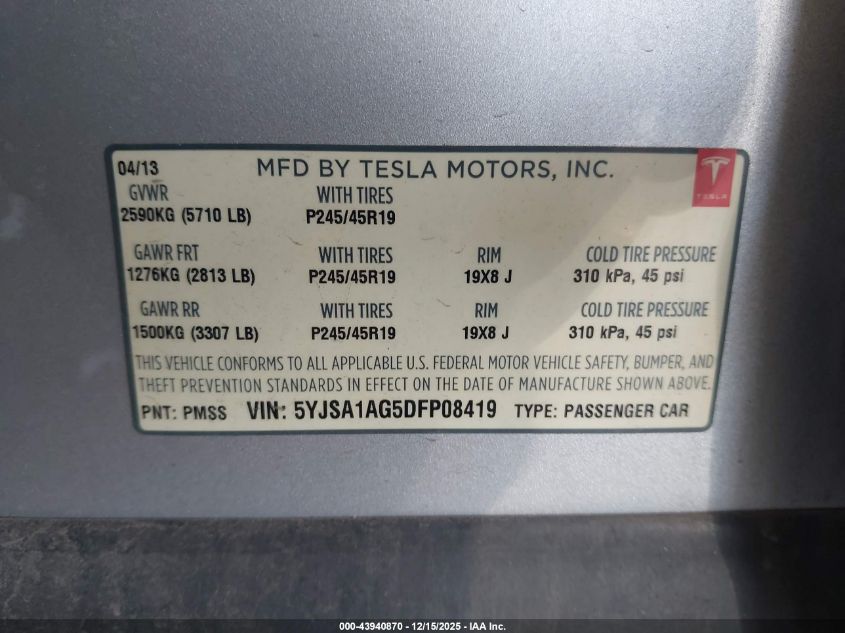 2013 Tesla Model S VIN: 5YJSA1AG5DFP08419 Lot: 43940870