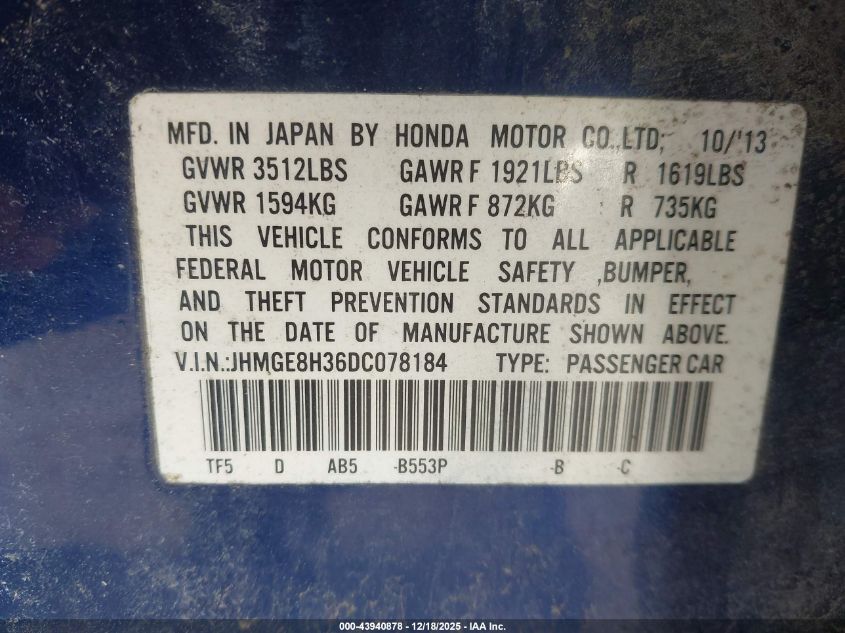 2013 Honda Fit VIN: JHMGE8H36DC078184 Lot: 43940878