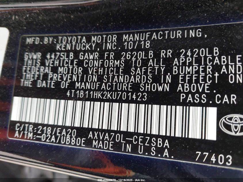 2019 Toyota Camry Se VIN: 4T1B11HK2KU701423 Lot: 43940879