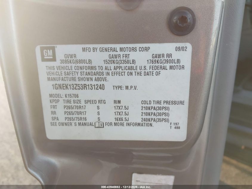 2003 Chevrolet Tahoe Z71 VIN: 1GNEK13Z53R131240 Lot: 43940882