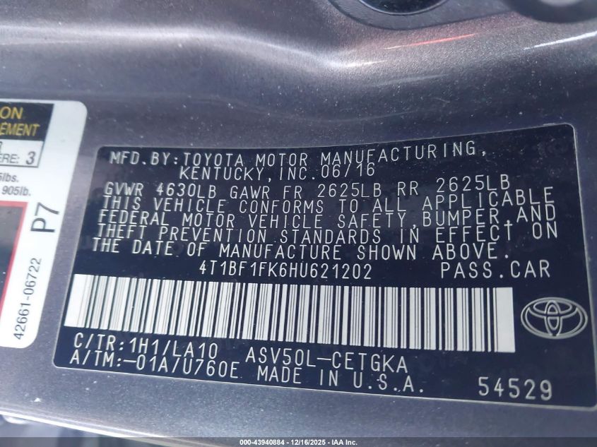 2017 Toyota Camry Xle VIN: 4T1BF1FK6HU621202 Lot: 43940884