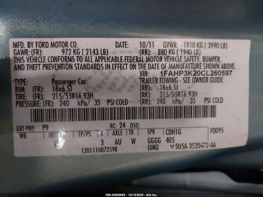 2012 Ford Focus Se VIN: 1FAHP3K20CL260597 Lot: 43940885