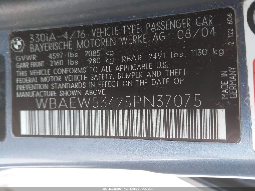 2005 BMW 330Xi VIN: WBAEW53425PN37075 Lot: 43940899