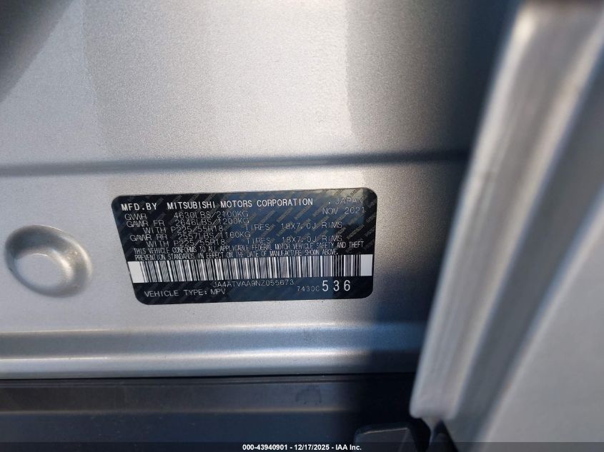 2022 Mitsubishi Eclipse Cross Le S-Awc VIN: JA4ATVAA9NZ055673 Lot: 43940901