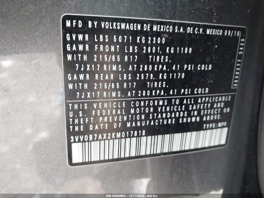 2019 Volkswagen Tiguan 2.0T S VIN: 3VV0B7AX2KM017818 Lot: 43940902