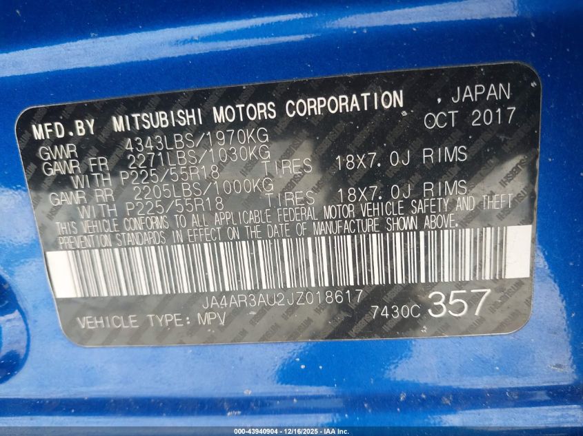 2018 Mitsubishi Outlander Sport 2.0 Es VIN: JA4AR3AU2JZ018617 Lot: 43940904