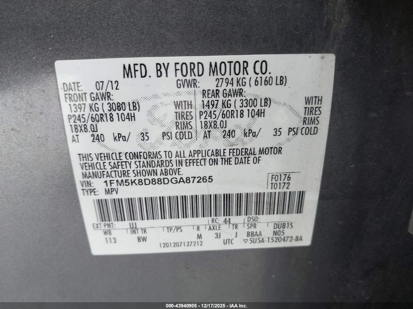 2013 Ford Explorer Xlt VIN: 1FM5K8D88DGA87265 Lot: 43940905