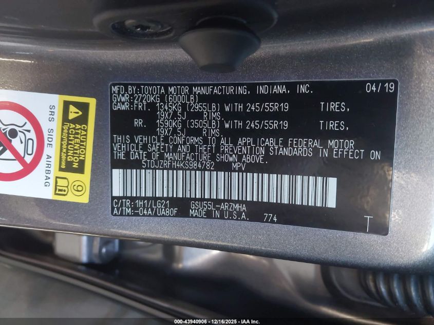 2019 Toyota Highlander Se VIN: 5TDJZRFH4KS984782 Lot: 43940906