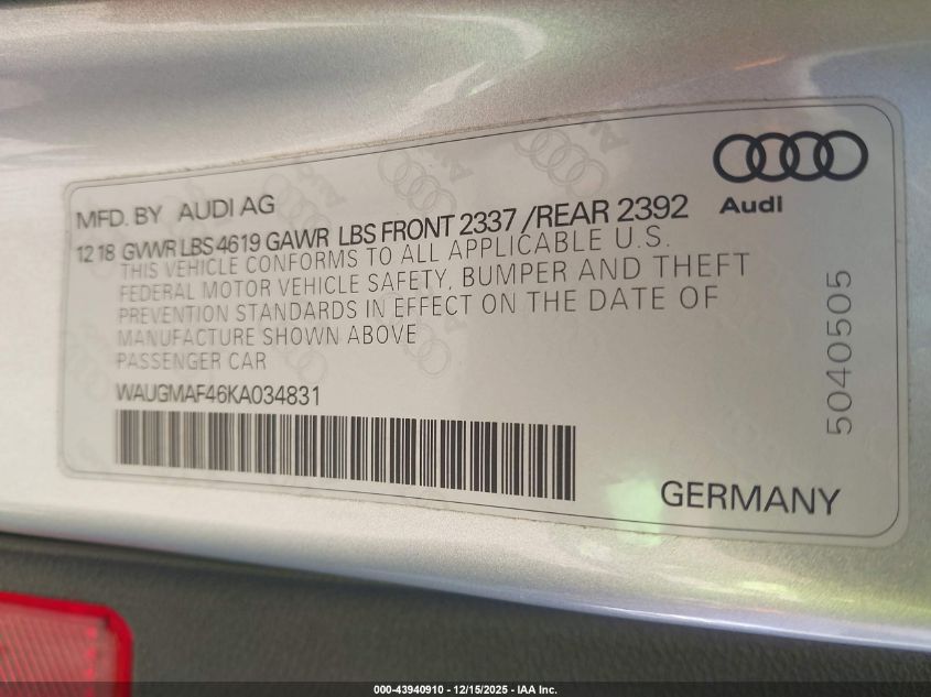 2019 Audi A4 40 Premium/40 Titanium Premium VIN: WAUGMAF46KA034831 Lot: 43940910