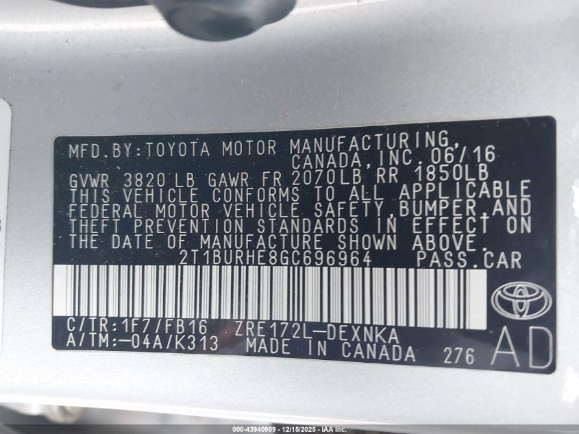 2016 Toyota Corolla Le VIN: 2T1BURHE8GC696964 Lot: 43940909