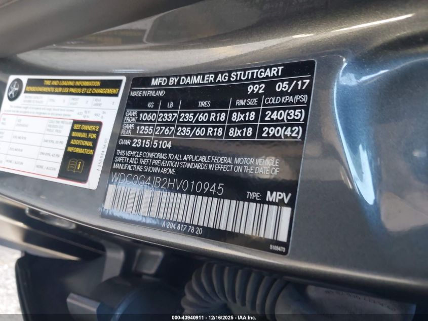 2017 Mercedes-Benz Glc 300 VIN: WDC0G4JB2HV010945 Lot: 43940911