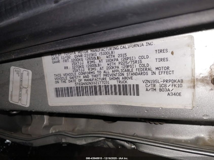 2003 Toyota Tacoma Prerunner V6 VIN: 5TEGN92N33Z177031 Lot: 43940915