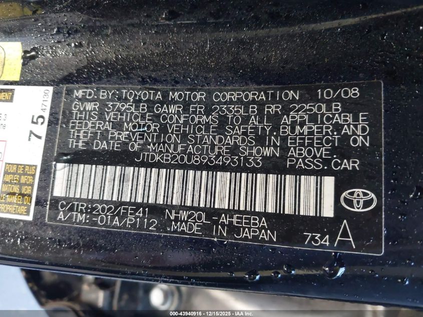 2009 Toyota Prius VIN: JTDKB20U893493133 Lot: 43940916