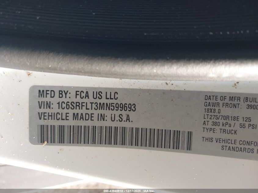 2021 Ram 1500 Rebel 4X4 5'7 Box VIN: 1C6SRFLT3MN599693 Lot: 43940918