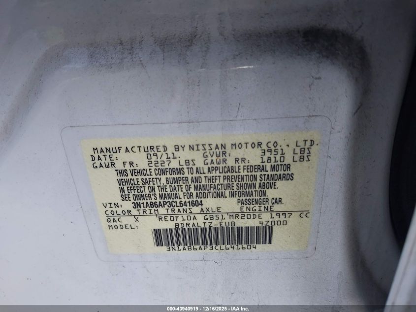 2012 Nissan Sentra 2.0 Sr VIN: 3N1AB6AP3CL641604 Lot: 43940919