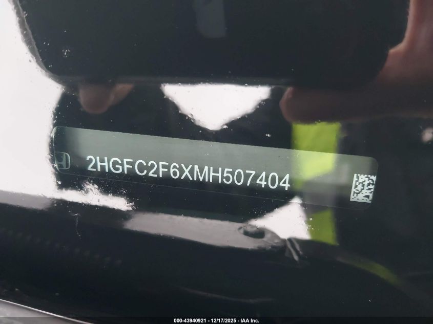 2021 Honda Civic Lx VIN: 2HGFC2F6XMH507404 Lot: 43940921