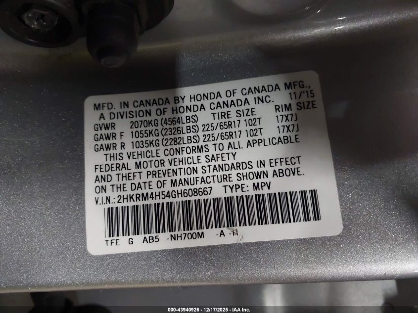 2016 Honda Cr-V Ex VIN: 2HKRM4H54GH608667 Lot: 43940926