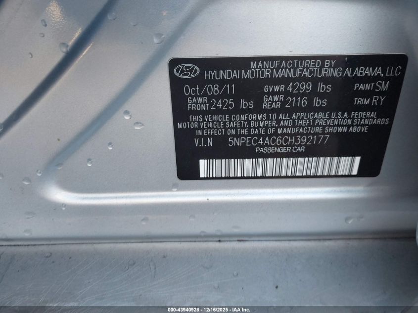 2012 Hyundai Sonata Limited VIN: 5NPEC4AC6CH392177 Lot: 43940928