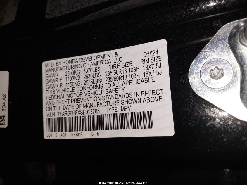 2025 Honda Cr-V Hybrid Sport-L VIN: 7FARS6H8XSE013765 Lot: 43940930