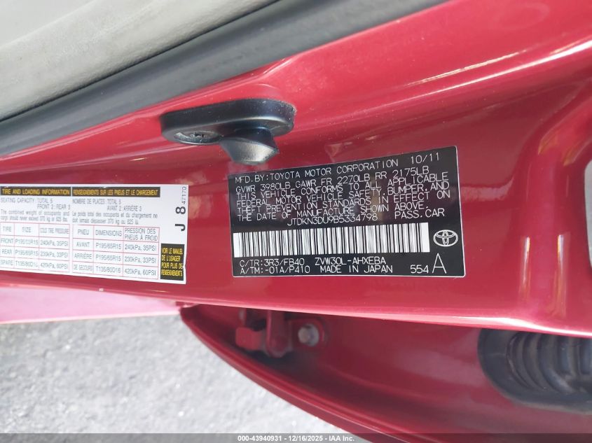 2011 Toyota Prius Two VIN: JTDKN3DU9B5334798 Lot: 43940931