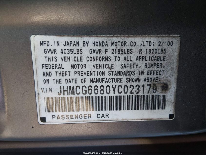 2000 Honda Accord 2.3 Ex VIN: JHMCG6680YC023179 Lot: 43940934