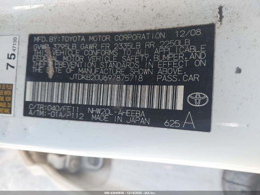 2009 Toyota Prius VIN: JTDKB20U697875718 Lot: 43940936