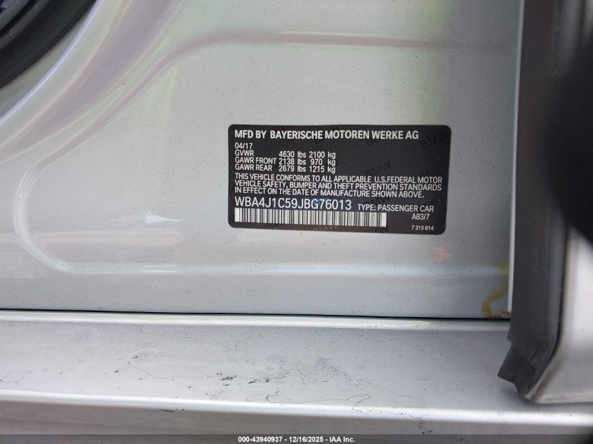 2018 BMW 430I Gran Coupe VIN: WBA4J1C59JBG76013 Lot: 43940937